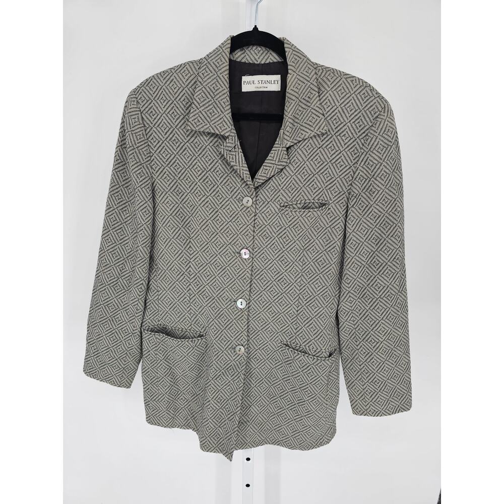 Vintage Paul Stanley Womens Sz L Suit Blazer Jacket Gray Geometric